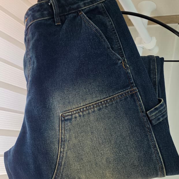 32)무신사 스탠다드 데님 와이드 더블니 카펜터 옐로우 딥 인디고