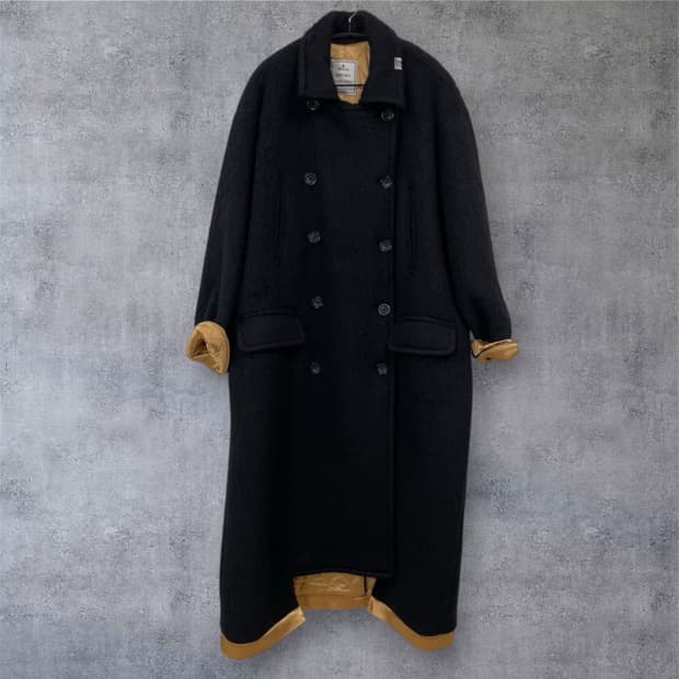미하라 야스히로  블랙 더블 브레스티드 울 롱 코트 M