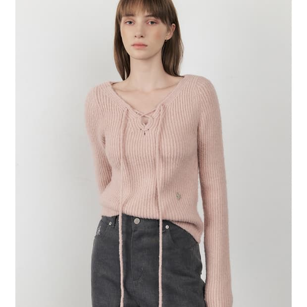 [새상품] 시티브리즈 부클 웨스턴 레이스업 니트 핑크