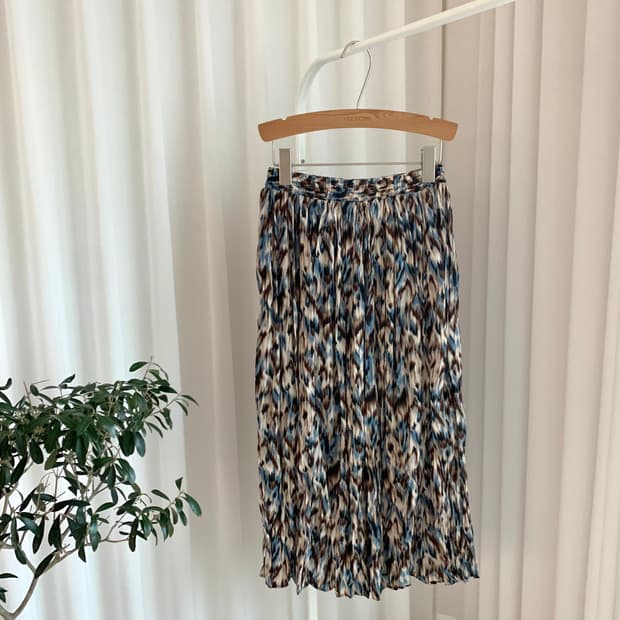 빈티지 이자벨마랑 스타일 블루 레오파드 패턴 플리츠 롱스커트