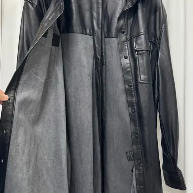 H&M 블랙 레더 셔츠형 롱 자켓 ops