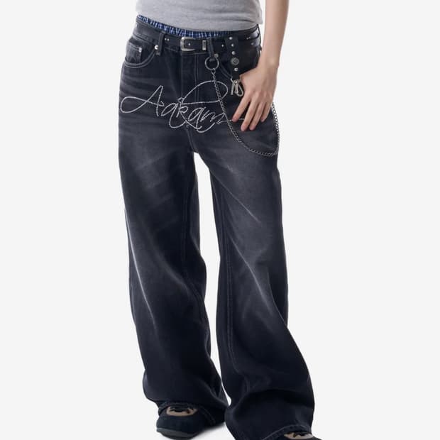 아캄 Rhinestone Washed Denim Pants