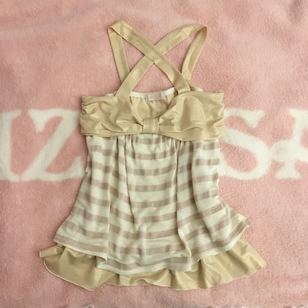 리즈리사 고전 리본 스트라이프 캐미솔 슬리브리스 라떼갸루 히메갸루 핀터