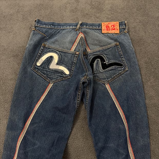 [ 정품/34 ] 에비수 백 디테일 빅로고 와이드 자수 패치 데님 청바지