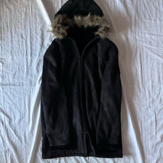 Black Suede Hooded Fur Long Jacket 