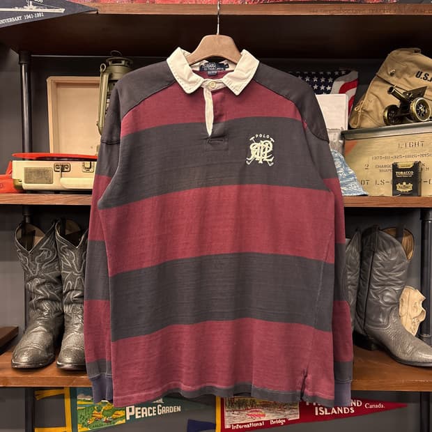 90s 폴로 랄프로렌 콜프클럽 와펜 버건디 스트라이프 럭비셔츠 N914
