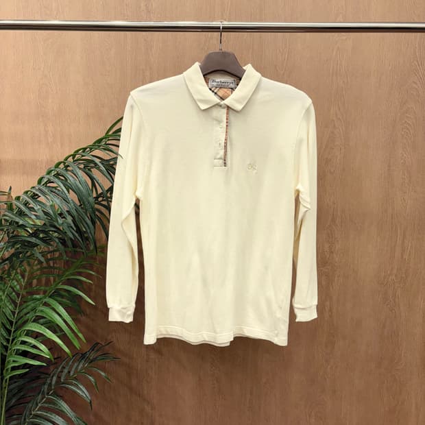 버버리 코튼 PK 긴팔 티셔츠 로고 자수 체크 배색 안감 디테일 아이보리