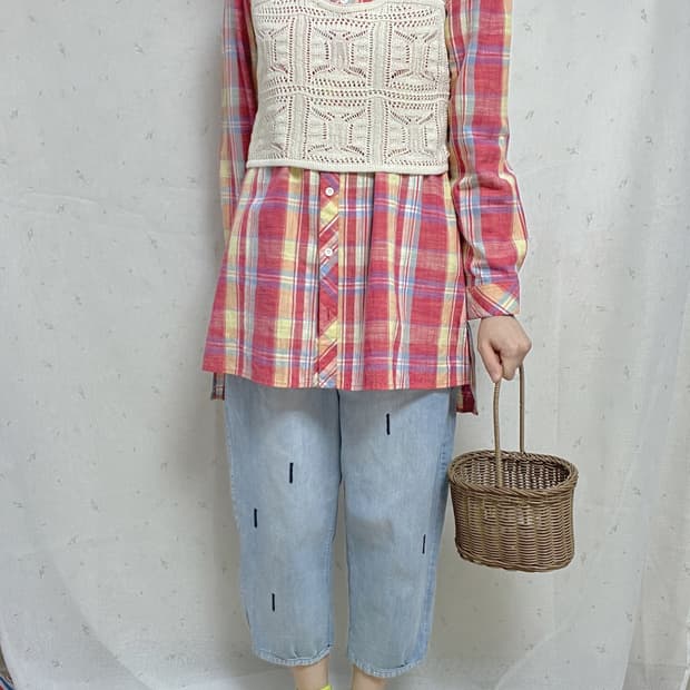 체크남방+니트뷔스티에+청바지