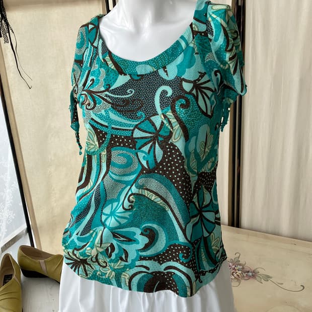 teal oriental frill blouse