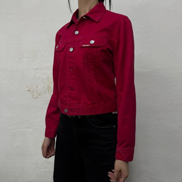 히스테릭글래머 버건디컬러 니트 집업 패치 코튼 트러커 자켓