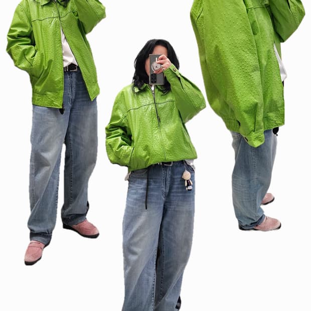 Via Blue via Couture 라임 타조st 레더 블루종