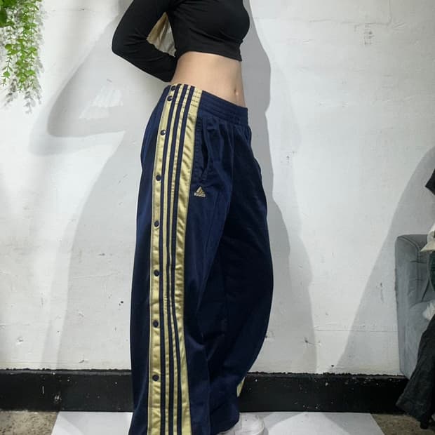 아디다스 네이비 사이드 버튼 스냅 단추 와이드 추리닝 팬츠 댄스 바지 S