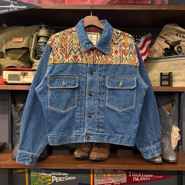 90s JPN 멀티컬러 자카드 아즈텍 자수 숏 데님 트러커 자켓 N580
