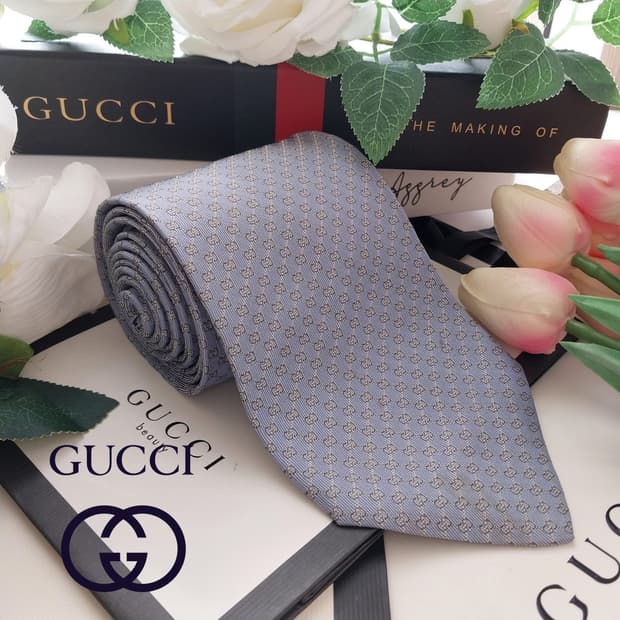 구찌 실크 라이트 블루 GG 자카드 넥타이 9.7cm B등급 K1379

