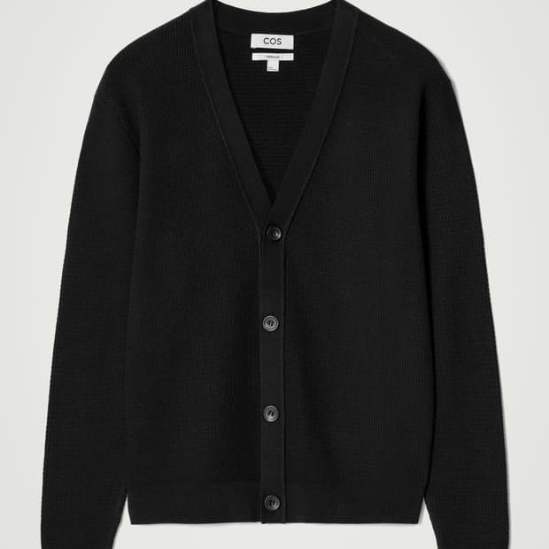 cos 코스 텍스처드 니트 코튼 브이넥 가디건 블랙