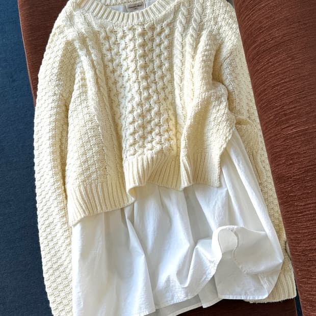 Fake layered crew neck wide woven knit P