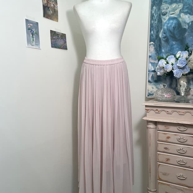 sheer pink pleats banding long skirt