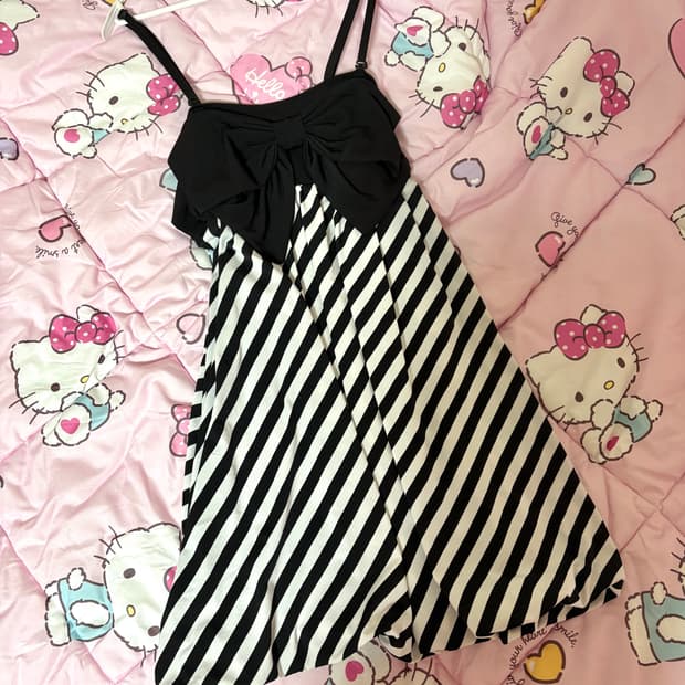 갸루 스트라이프 리본 민소매 원피스