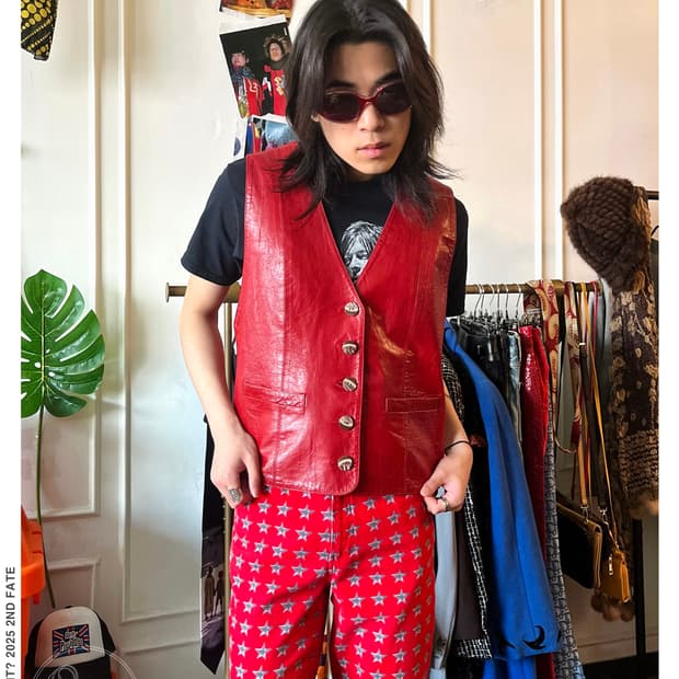80-90s Real Leather Red Vest(Pig Skin)
