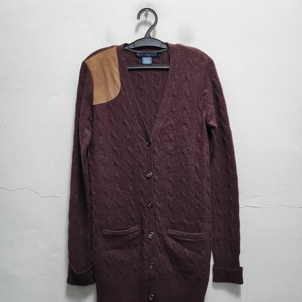 랄프로렌 캐시미어 가죽패치 케이블 롱가디건 