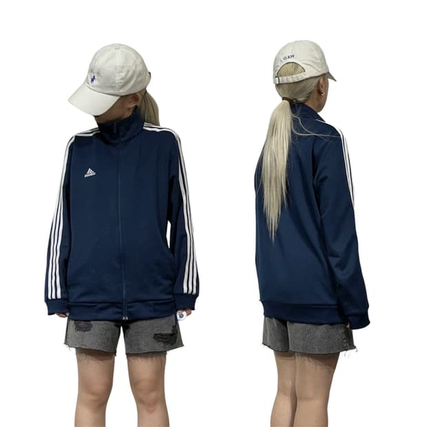 아디다스 네이비 화이트 삼선 오버핏 트랙탑 져지 L