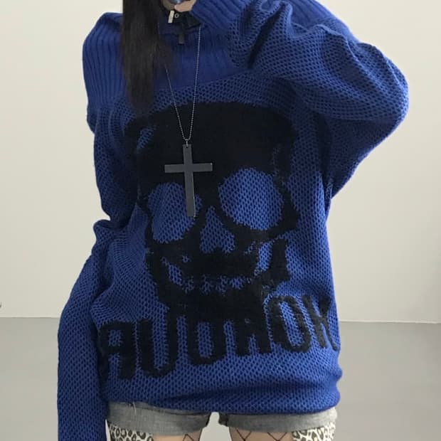 고스트오브할렘 블루 스컬 니트