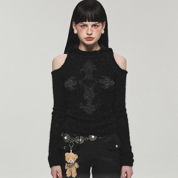 1JINN STUDIO 앙고라 모헤어 오프숄더 후드 S 원진 스튜디오