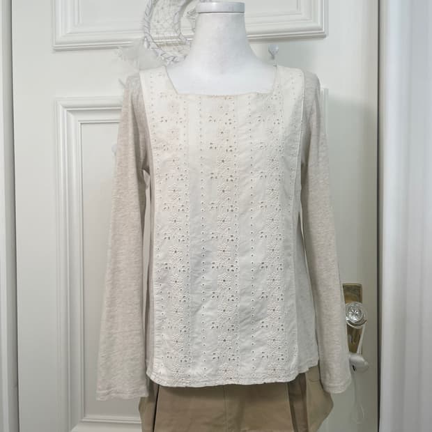 SM2 oatmeal lace square-neck cotton top