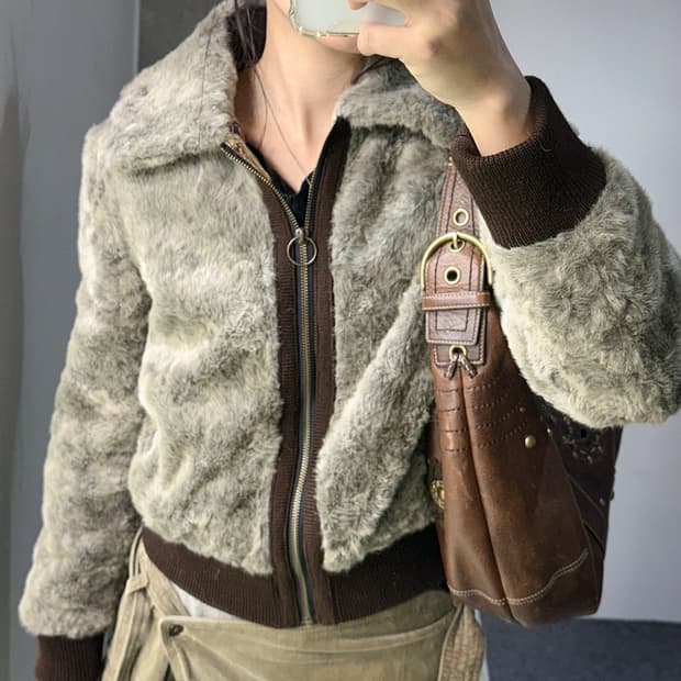 ash brown fur zip collar jacket