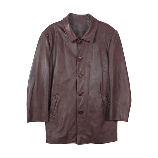 빈티지 브라운 레더 싱글 카 코트