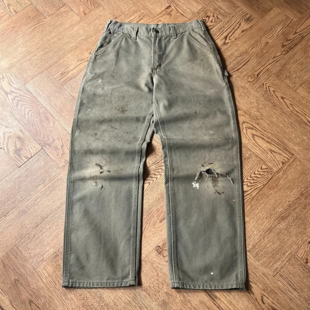 [31]칼하트 USA 더티 데미지드 모스그린 싱글니 카펜터 워크 팬츠