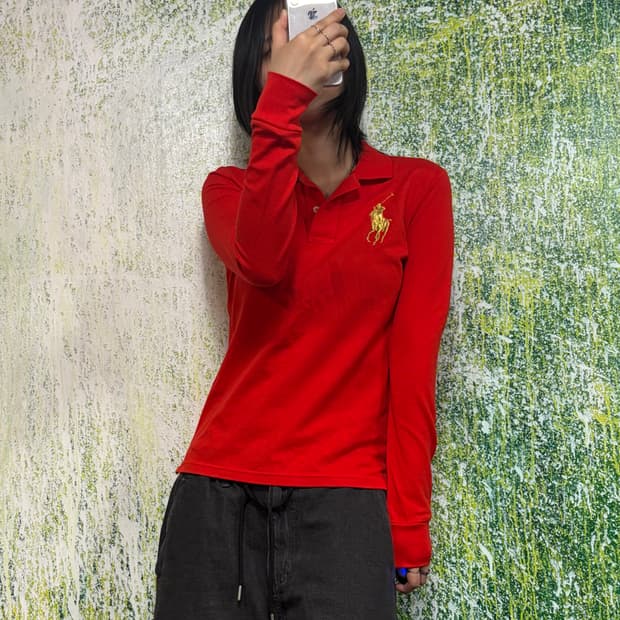 폴로 빅포니 치프키프 금장 자수 레드 딱붙 럭비티 롱슬리브 S