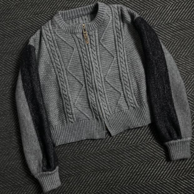 빈티지 우먼스 꽈배기 크롭 니트 자켓 그레이y 3987