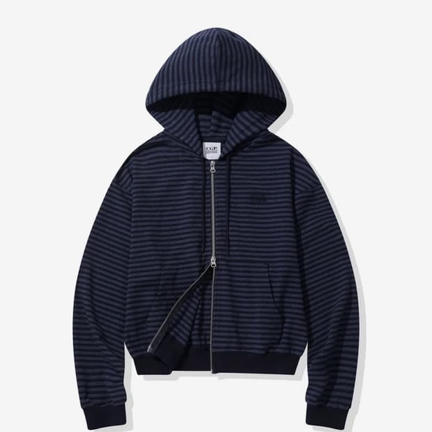 코드그라피 (우먼) 라이트 웨이트 스트라이프 후드 집업-다크 네이비