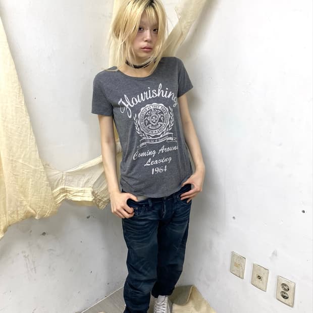Grey Y2K Print Shirring Detail Slim Tee