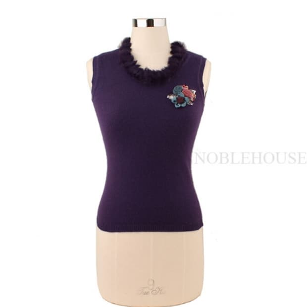 블루마린 퍼플 퍼 민소매 캐시미어 니트 44 55