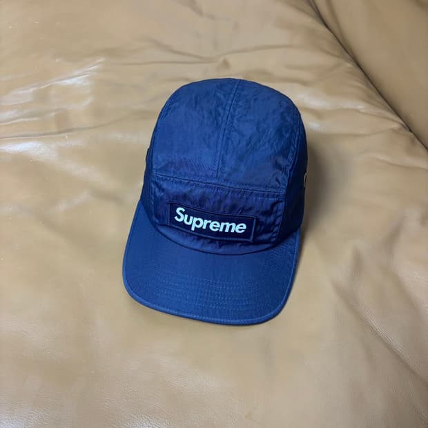 슈프림 캠프캡 모자 박스로고 워시드 나일론 네이비