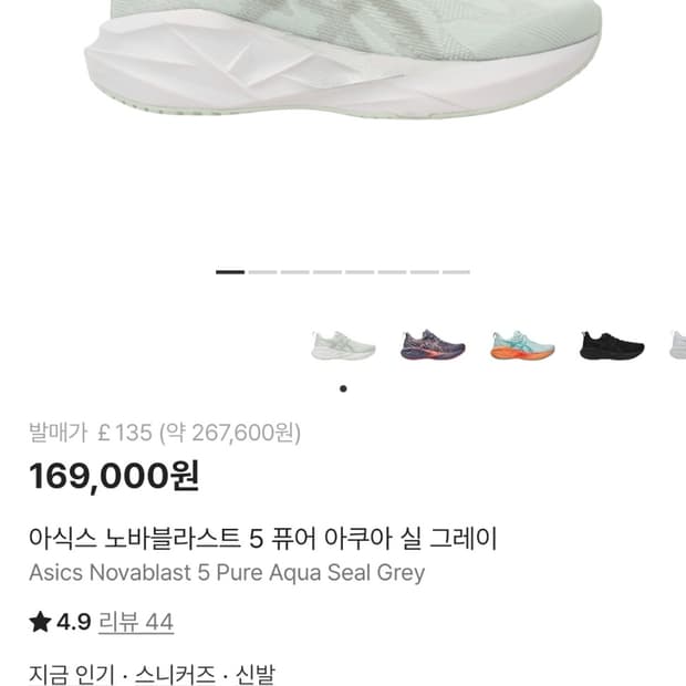 아식스 노바블라스트5 퓨어 아쿠아 실 그레이 285