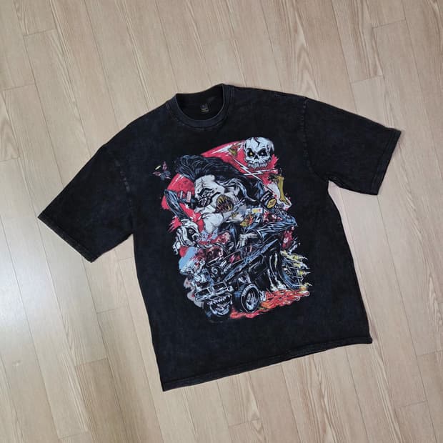 LIANGXILIN 블랙 원워싱 프린트 라운드 티셔츠