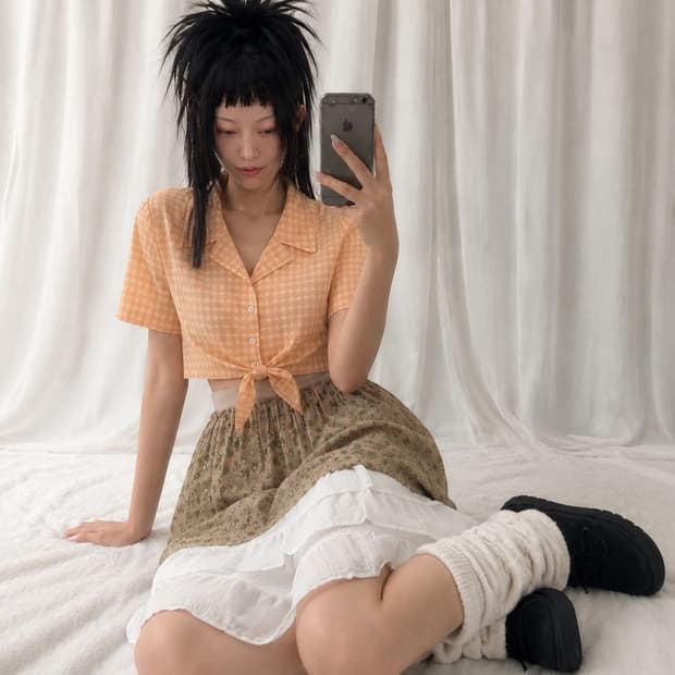 오렌지 체크 무늬 코디 set