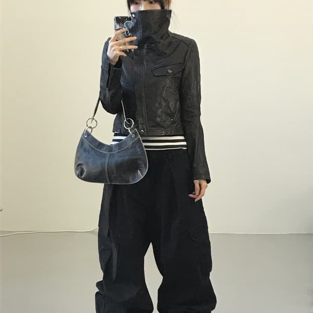 Vintage Black Hige Neck Leather Jackets