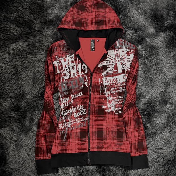 고딕 펑크 레터링 레드 체크 후드집업