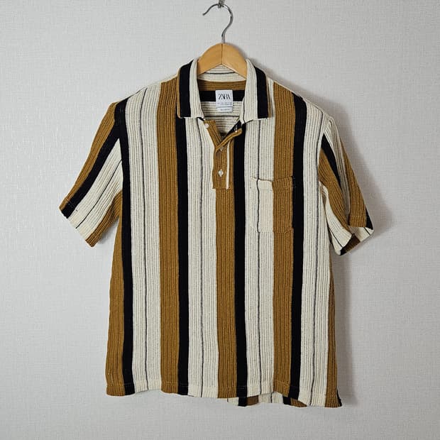 자라 ZARA 에스닉 니트 폴로 반팔 카라티 린넨 릴렉스핏 L