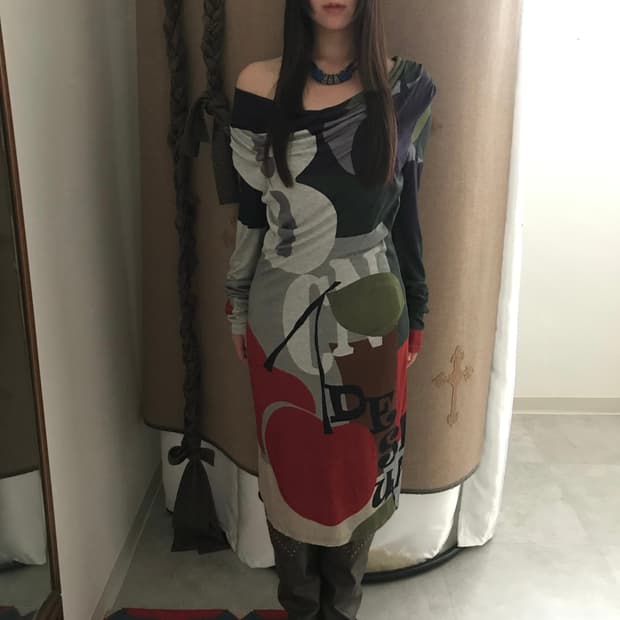 vintage pattern shirring one-piece 