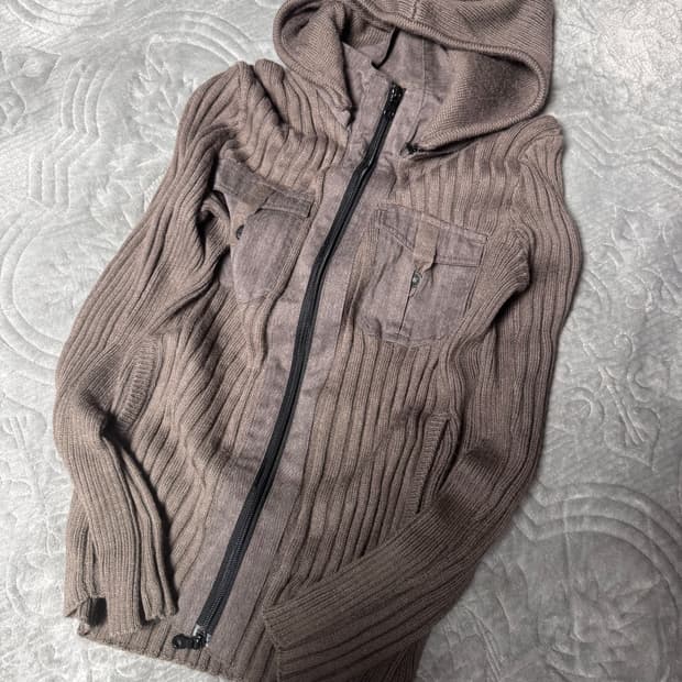 빈티지 카키 포켓 후드 니트 집업