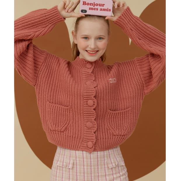 oioi 오아이오아이 컬렉션 케이블 라운드 커브 퍼프 핑크 니트 가디건