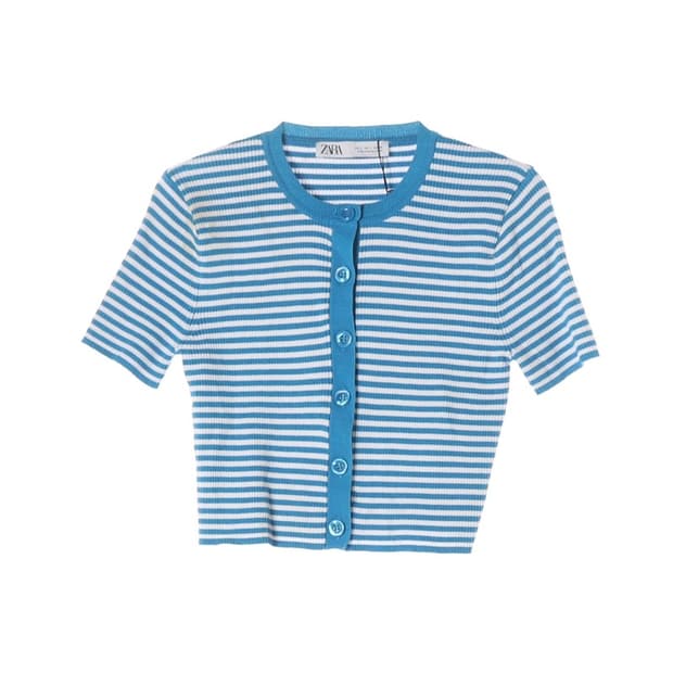 ZARA 스트라이프 반팔 골지 니트 가디건 S