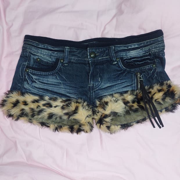 호피 레오파드 태슬 지퍼 데님 퍼 반바지 갸루 펑크  숏팬츠