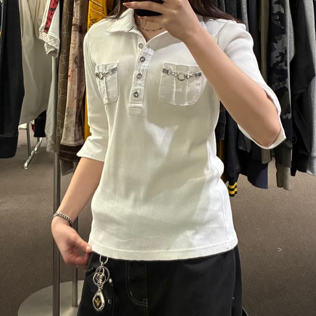 M)Japanese vintage 여성 포켓 카라 반팔