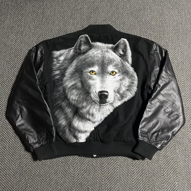 90s 늑대 프린팅 가죽 바시티 자켓
